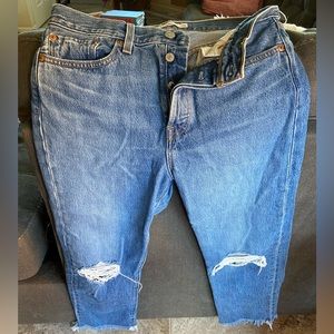 Levi’s dark wash distressed boyfriend jeans, wedgie straight